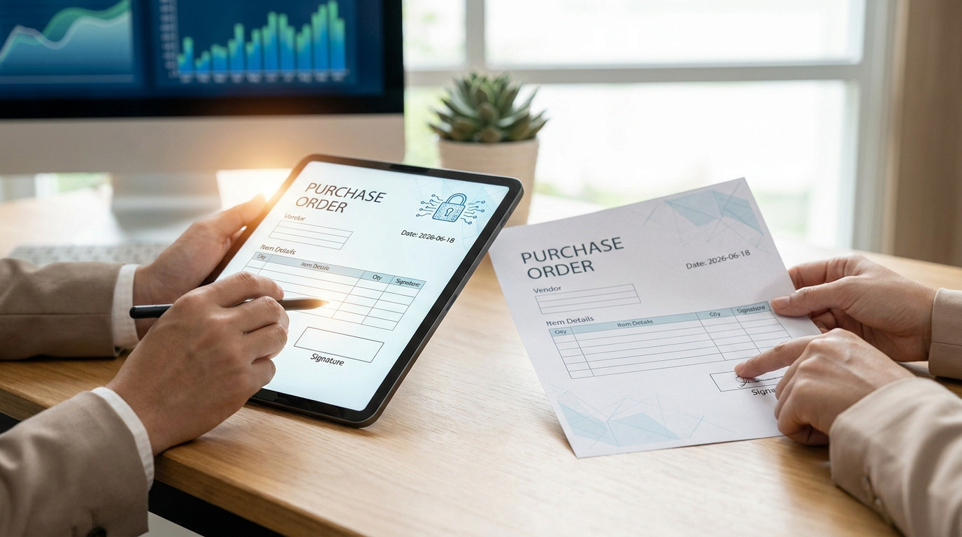 Personnes comparant un bon de commande numérique sur tablette et un document papier au bureau.